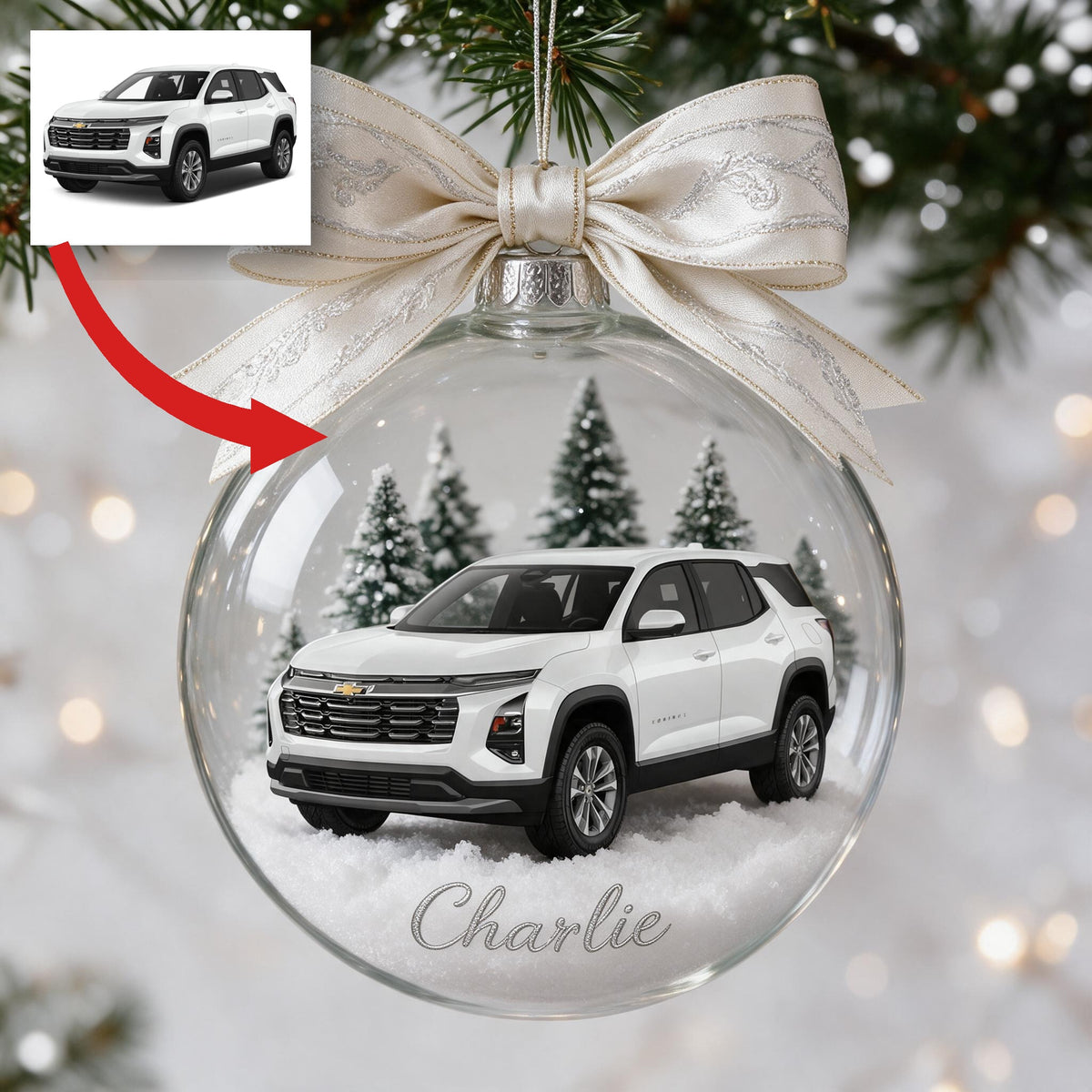 Personalized Christmas White Chevrolet Equinox SUV Snow Globe Ornament Car Lover Gift