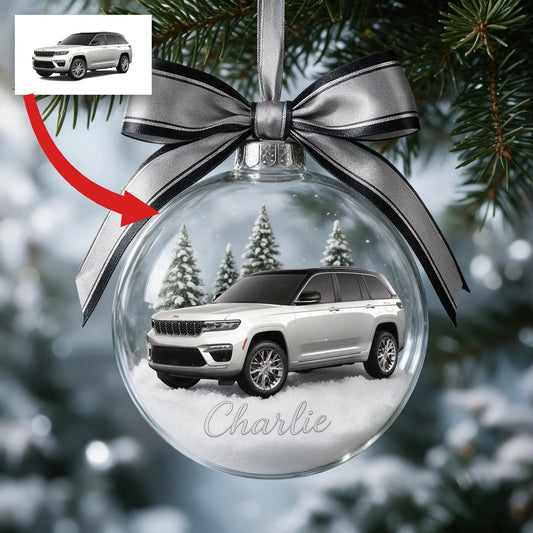Personalisierte Weihnachts-Silber-JEEP Grand Cherokee Schneekugel Ornament Geschenk für Auto-Liebhaber