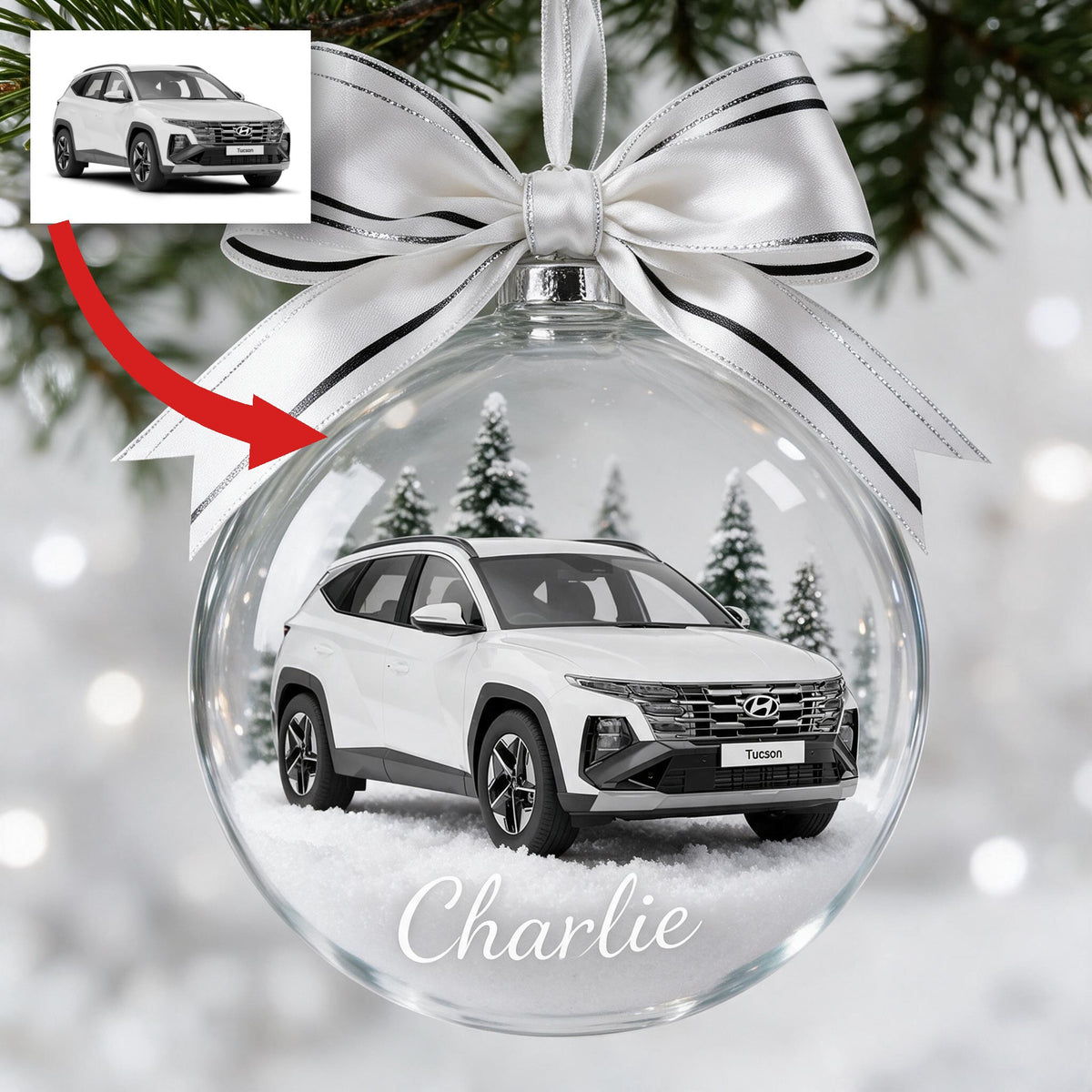 Personalized Christmas White Hyundai Tucson Snow Globe Ornament Car Lover Gift