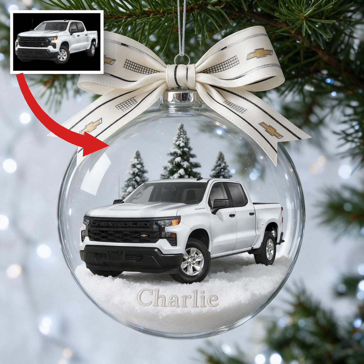 Personalized Christmas White Chevrolet Silverado Pickup Truck Snow Globe Ornament