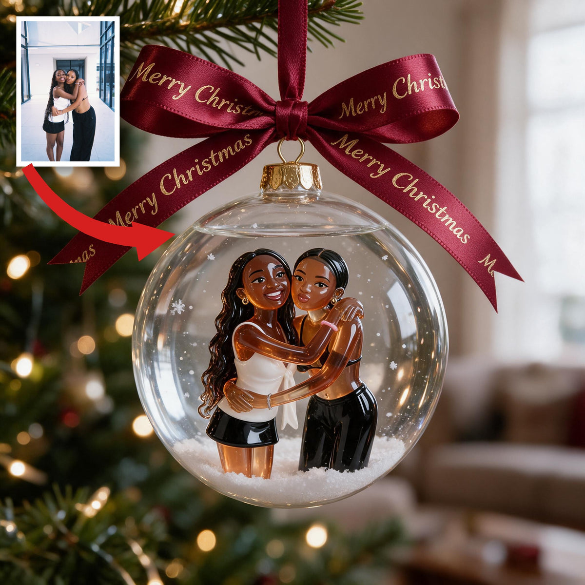 Personalized Christmas Black Lesbian Couple Snow Globe Ornament Holiday Gift