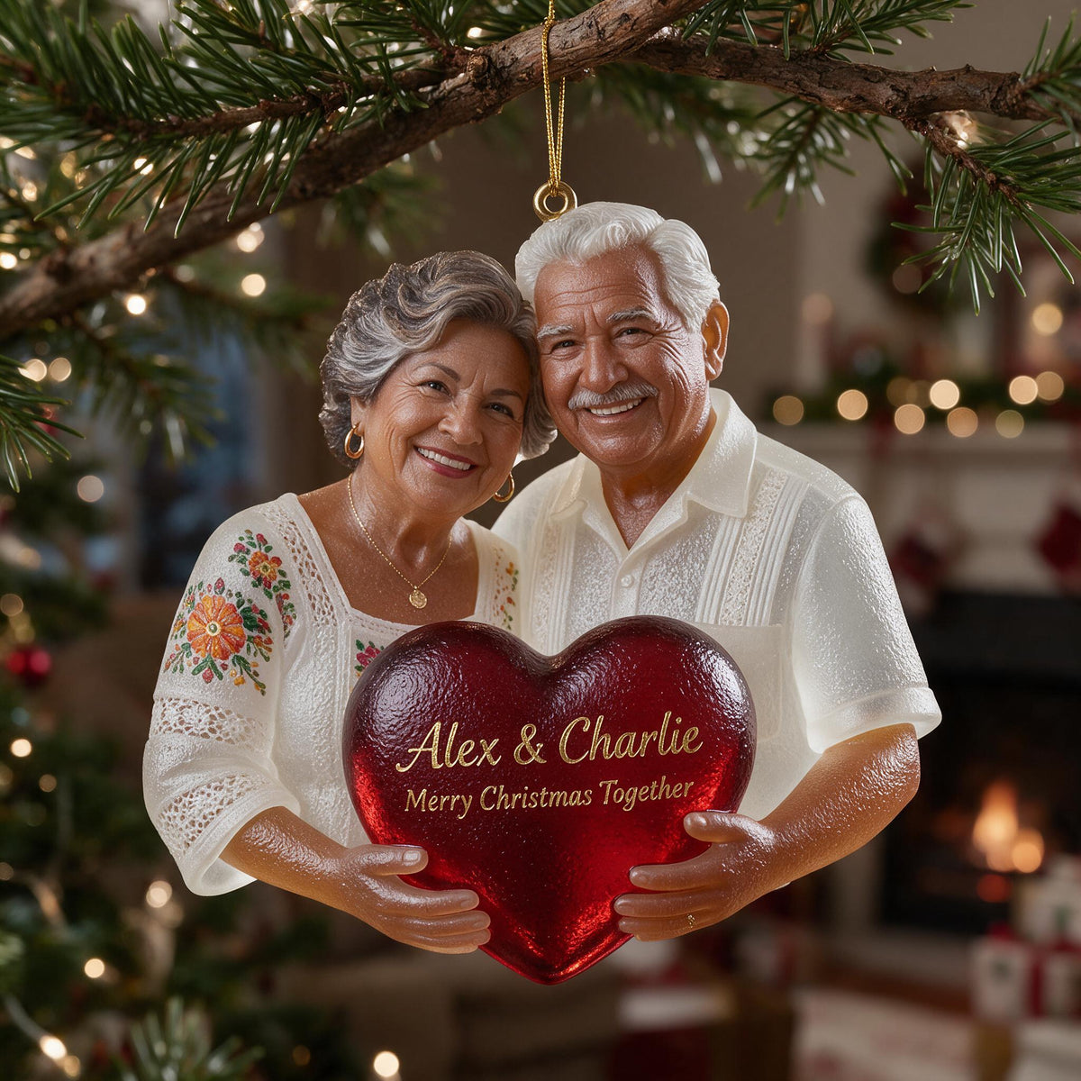 Personalized Older Latino Couple Christmas Glass Ornament