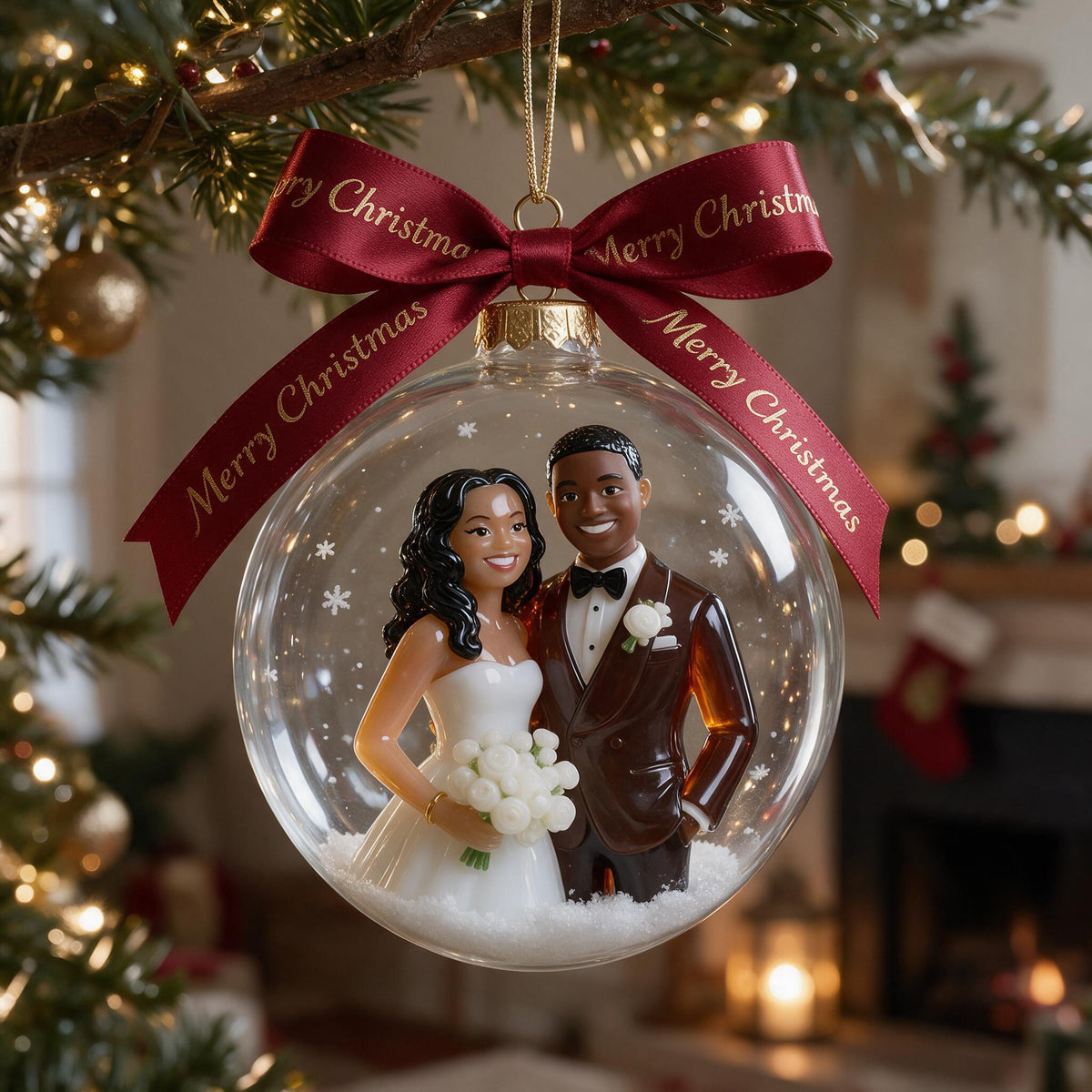 Personalized Christmas Black Couple Wedding Snow Globe Ornament Holiday Keepsake
