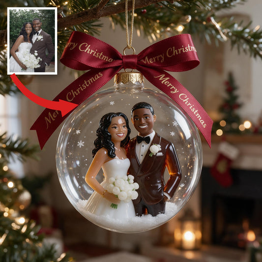 Personalized Christmas Black Couple Wedding Snow Globe Ornament Holiday Keepsake
