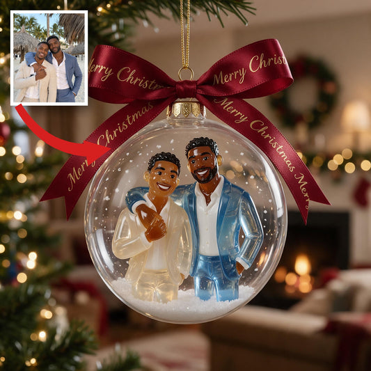 Personalized Christmas Black Gay Couple Snow Globe Ornament LGBT Holiday Keepsake