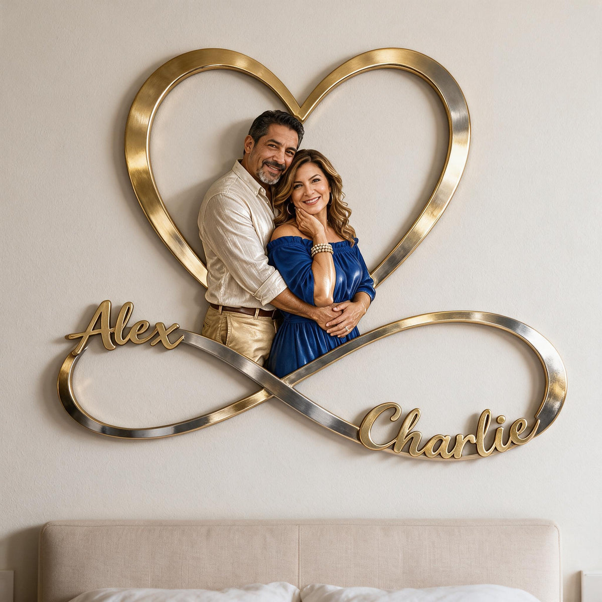 Personalized Custom Photo Middle-Aged Latino Couple Infinity Heart Metal Sign Bedroom Decor