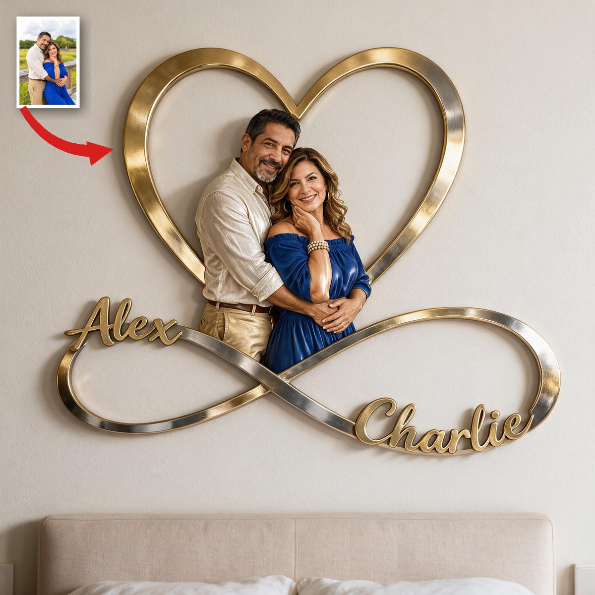 Personalized Custom Photo Middle-Aged Latino Couple Infinity Heart Metal Sign Bedroom Decor