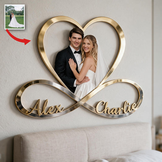 Personalisierte Foto-Hochzeits-Paar Infinity Herz Metall-Schild Schlafzimmer Dekor