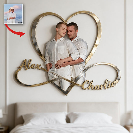 Personalisierte Foto Gay Couple Unendlichkeit Herz Metallschild Schlafzimmer Dekor