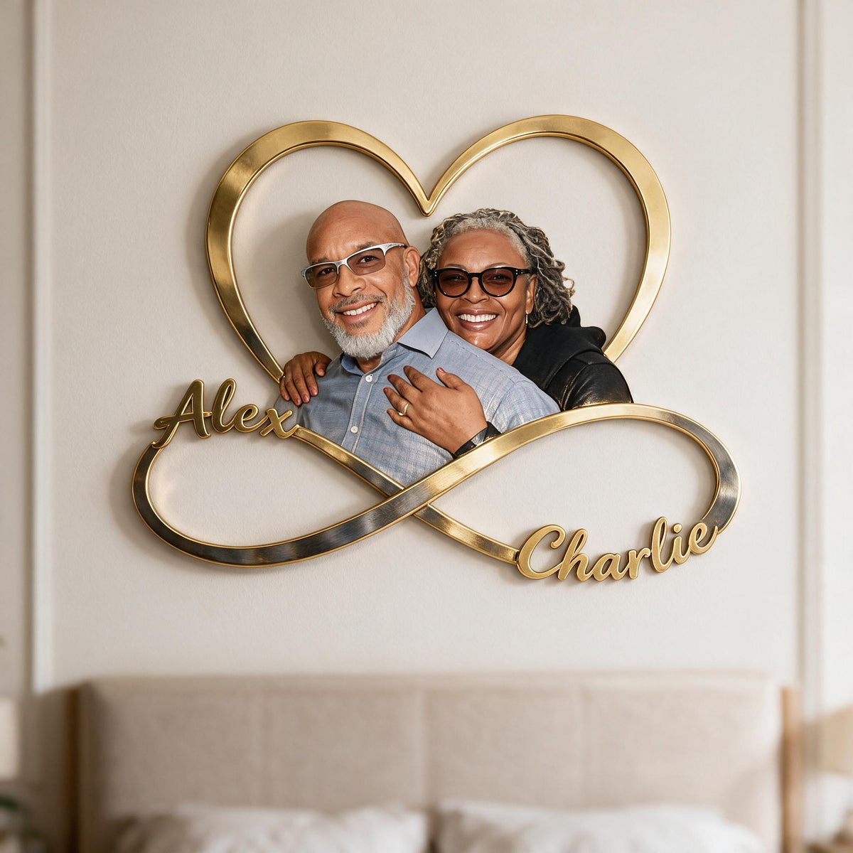 Personalized Custom Photo Middle-Aged Black Couple Infinity Heart Metal Sign Bedroom Decor