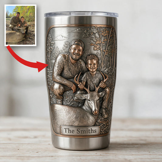Personalisierter Foto-Hunter und Kind mit Hirsch Tumbler