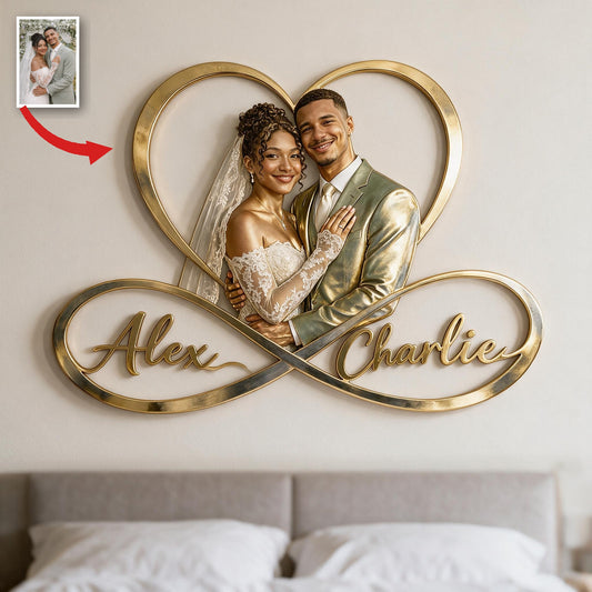 Personalisierte Foto-Hochzeit Latino Paar Unendlichkeit Herz Metall-Schild Wanddekoration