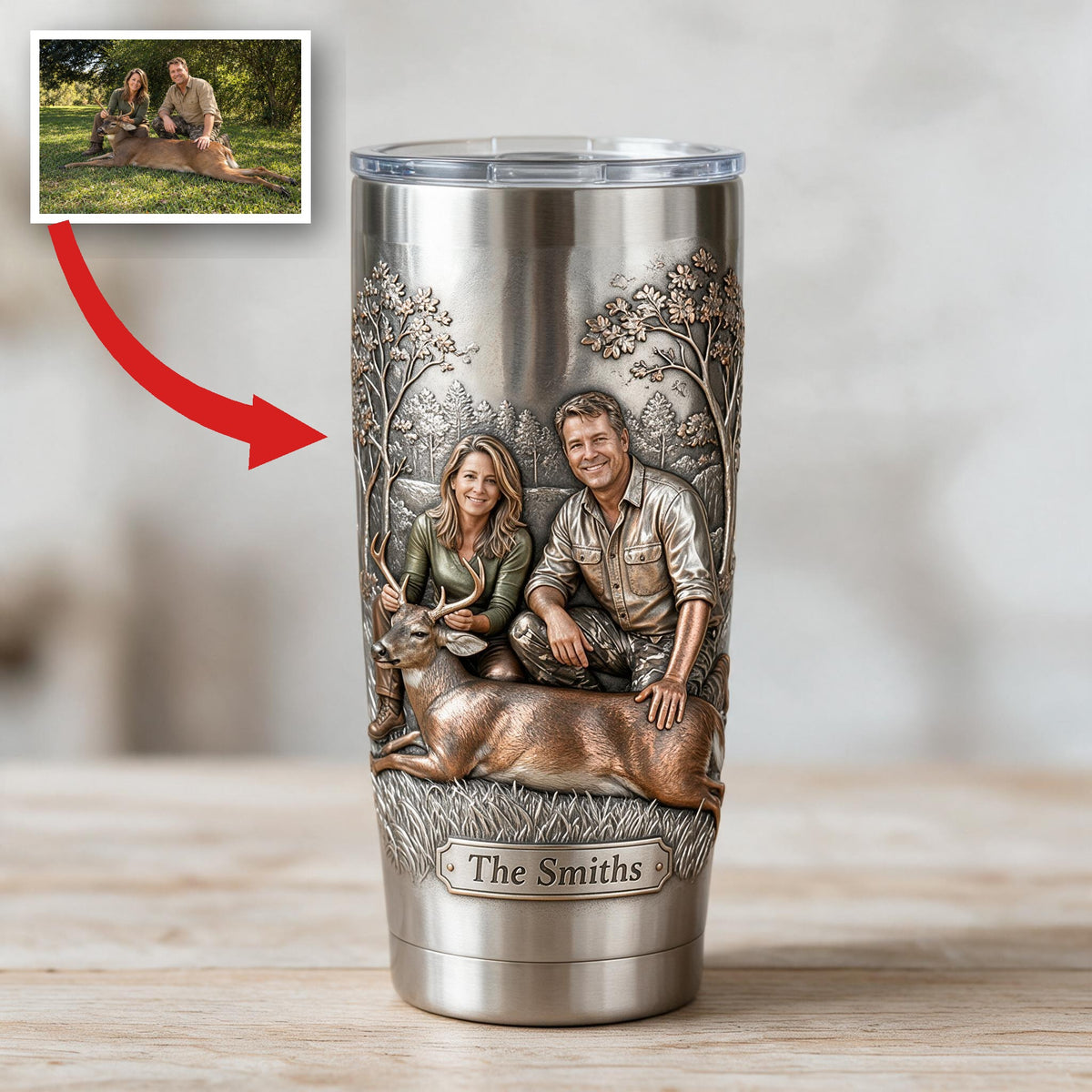 Personalized Custom Photo Middle-Aged Hunting Couple with Deer Tumbler Hunting Gift