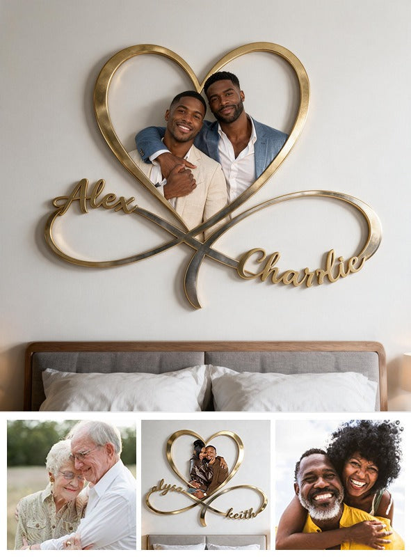 Personalized Custom Photo Black Gay Couple Infinity Heart Metal Sign Bedroom Decor