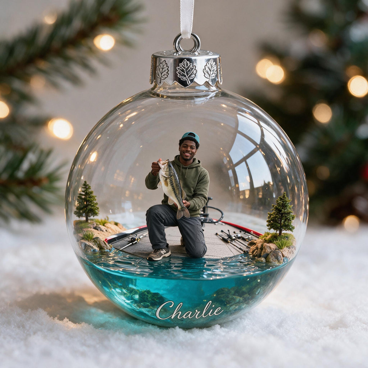 Personalized Christmas Black Fisherman Fishing Ornament Gift for Anglers