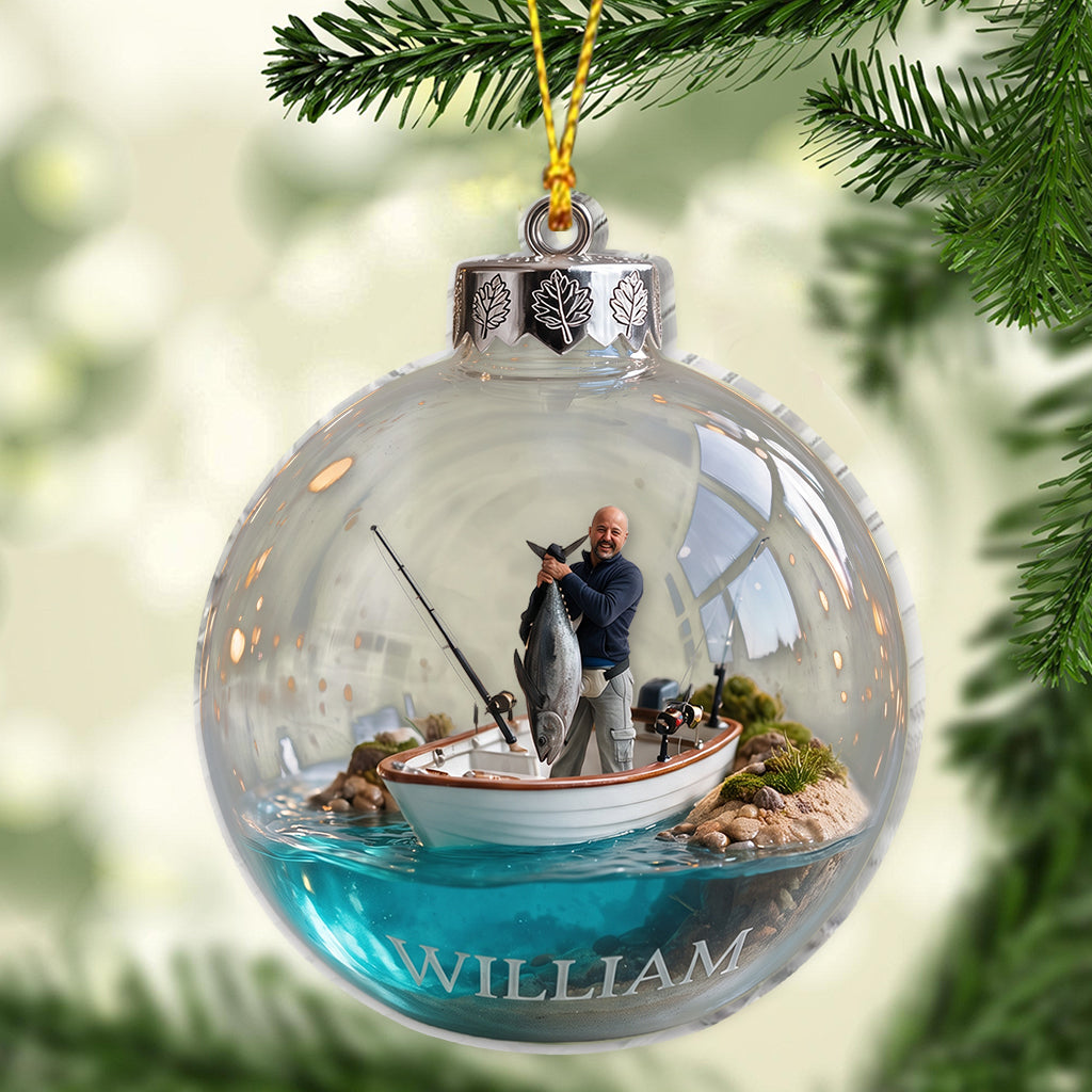 Personalized Custom Photo Christmas Father and Child with Fish Fishing Ornament