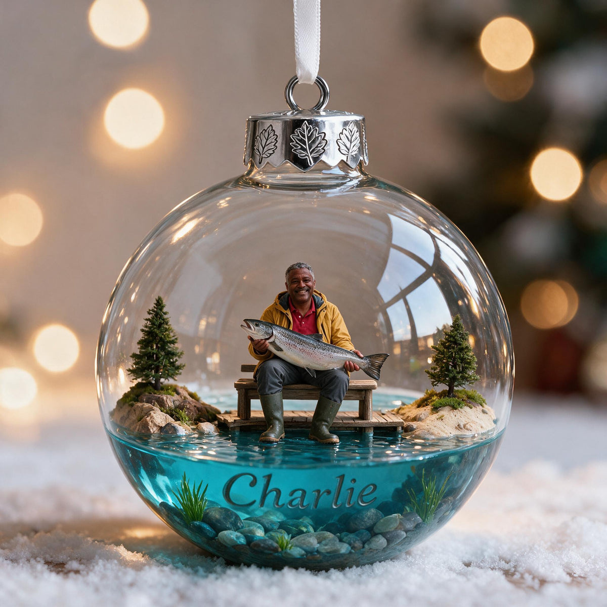Personalized Christmas Middle-Aged Black Fisherman Fishing Ornament