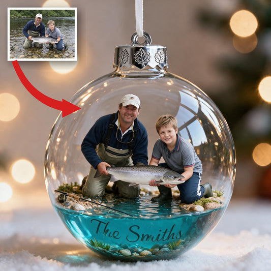 Personalized Custom Photo Christmas Father and Child with Fish Fishing Ornament