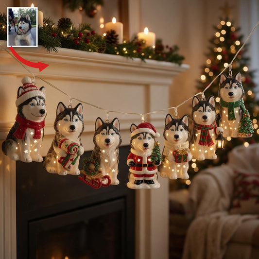 Personalisierte Foto Weihnachtslichter mit Siberian Husky Dekor