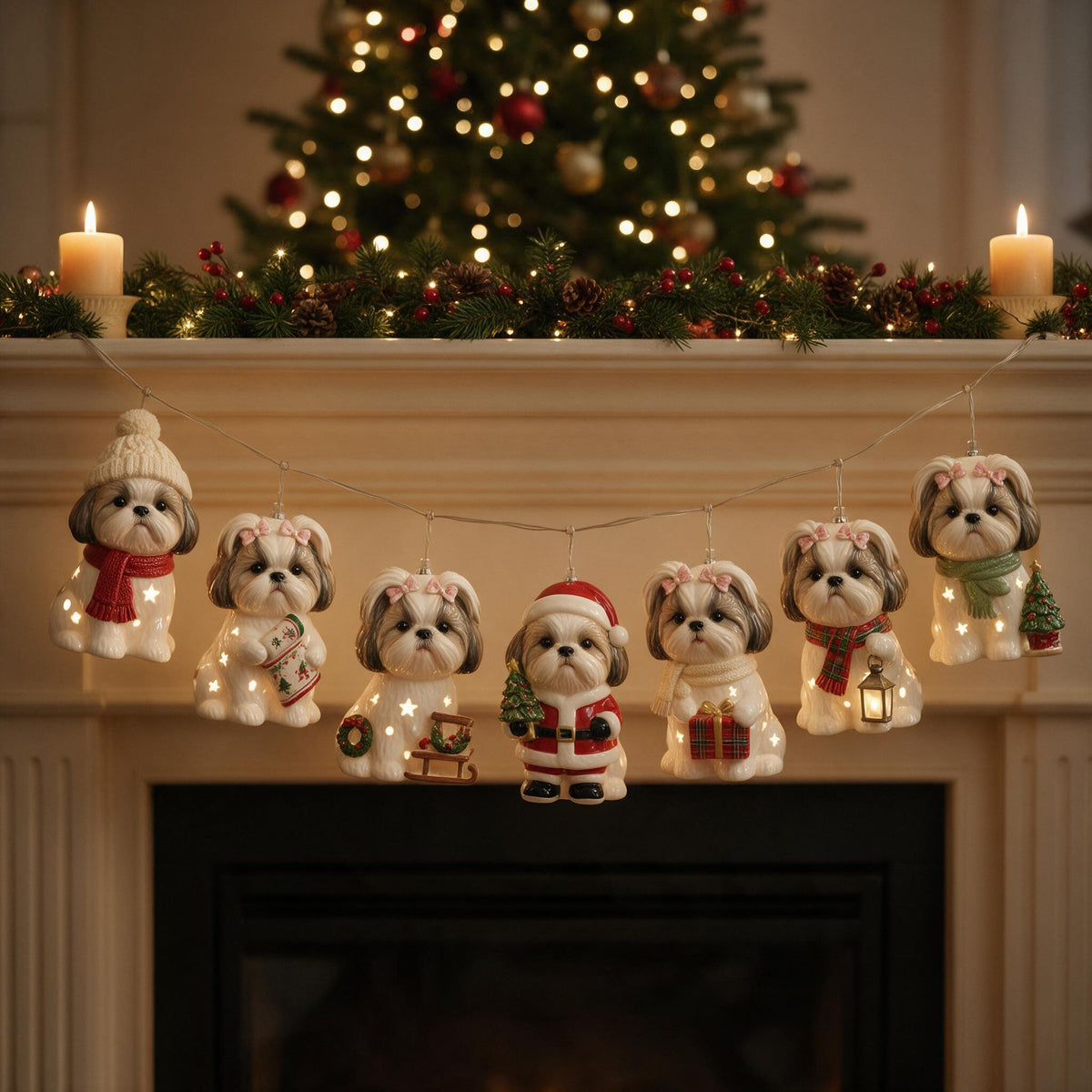 Personalized Custom Photo Christmas Fluffy Shih Tzu String Lights Holiday Decor