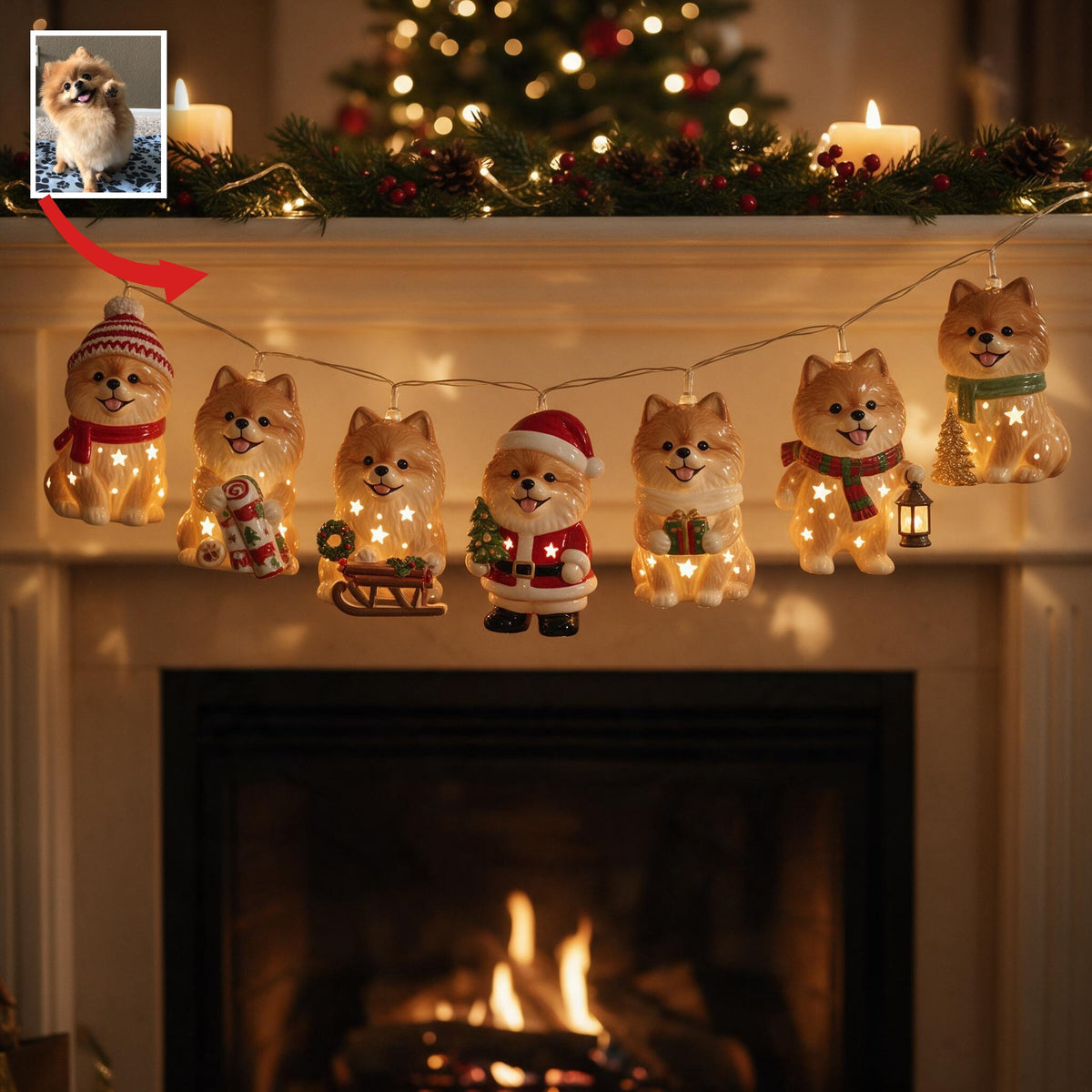 Personalized Custom Photo Christmas Fluffy Golden Pomeranian String Lights