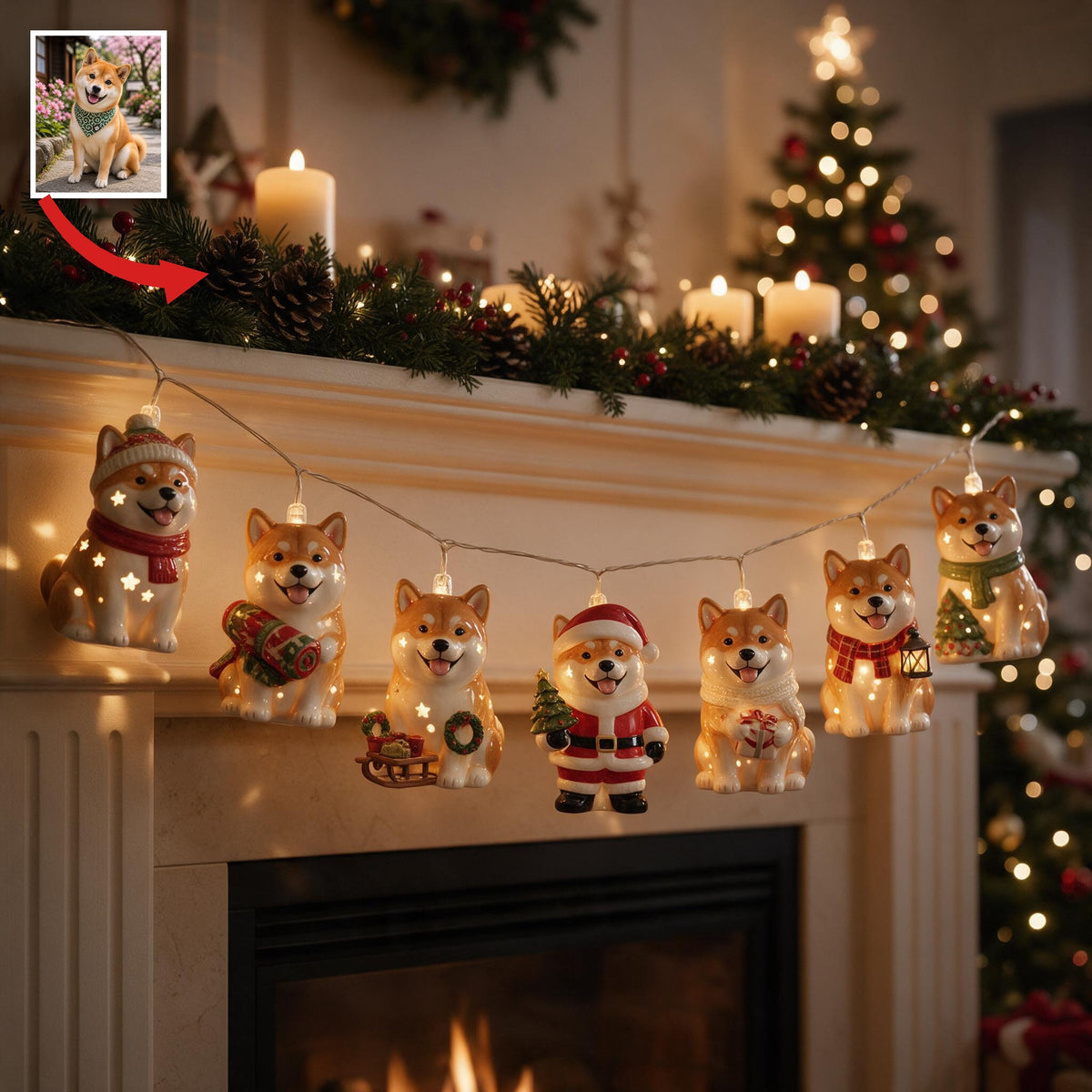 Personalized Custom Photo Christmas Tan and White Adult Shiba Inu String Lights Home Decor