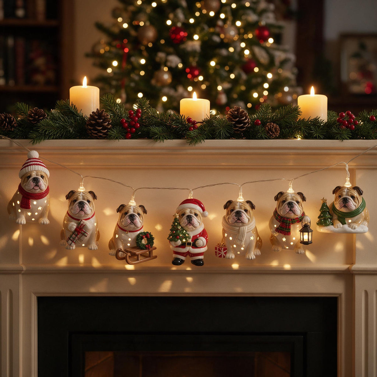 Personalized Custom Photo Christmas Fawn & White Adult Bulldog String Lights
