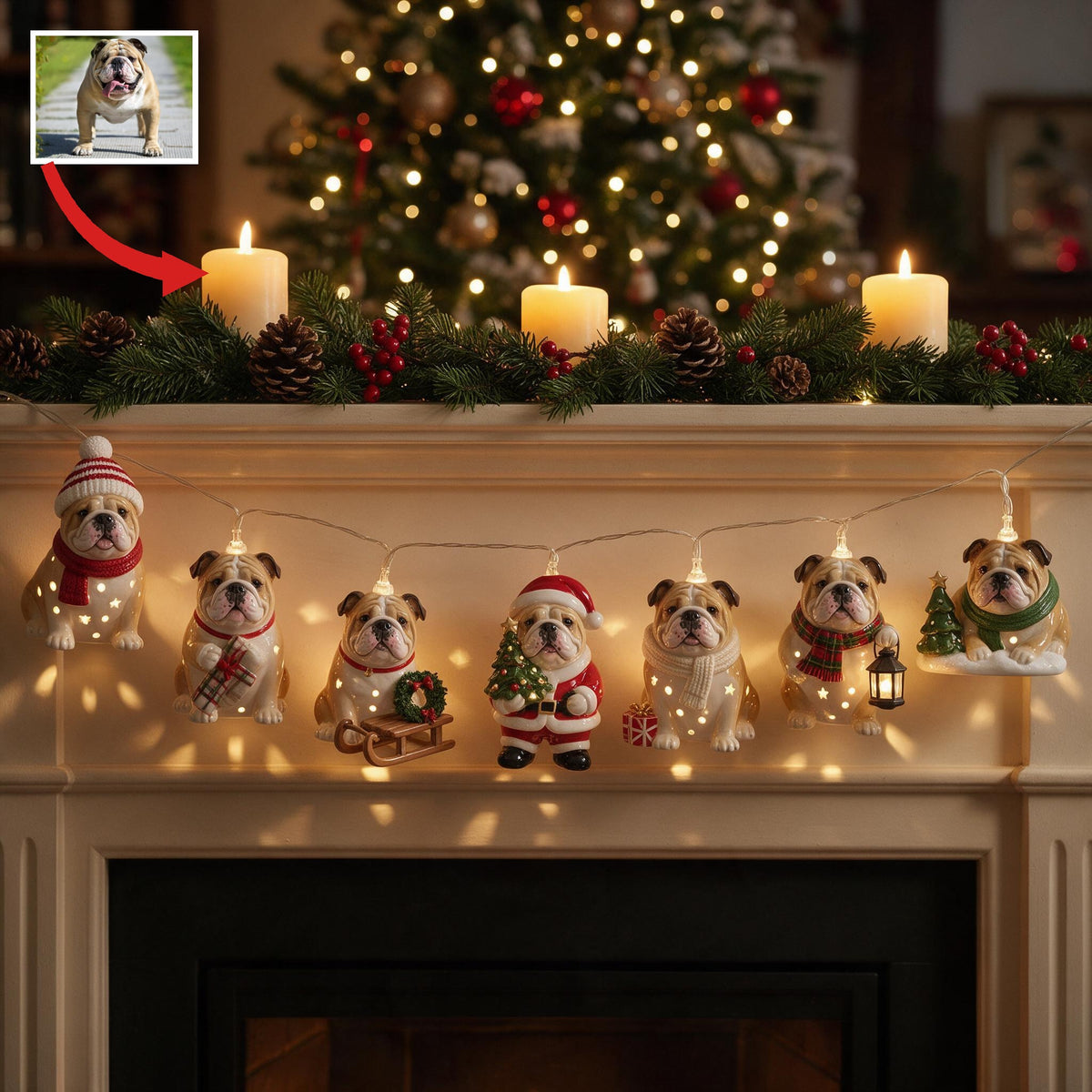 Personalized Custom Photo Christmas Fawn & White Adult Bulldog String Lights