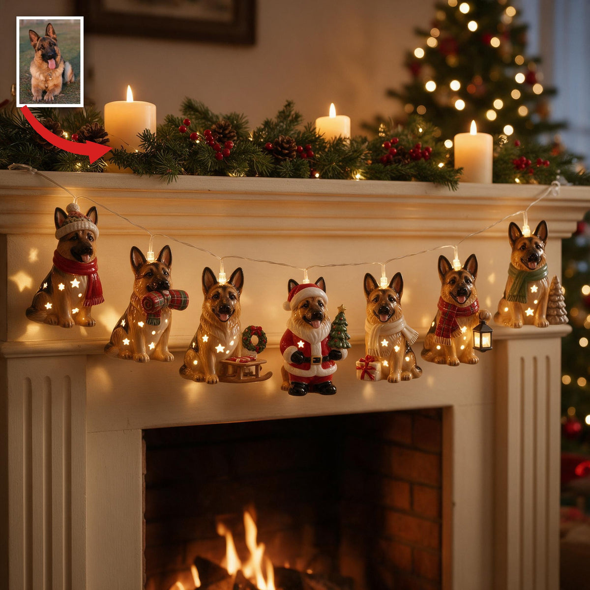 Personalized Custom Photo Christmas Black and Tan Adult German Shepherd String Lights Holiday Decor