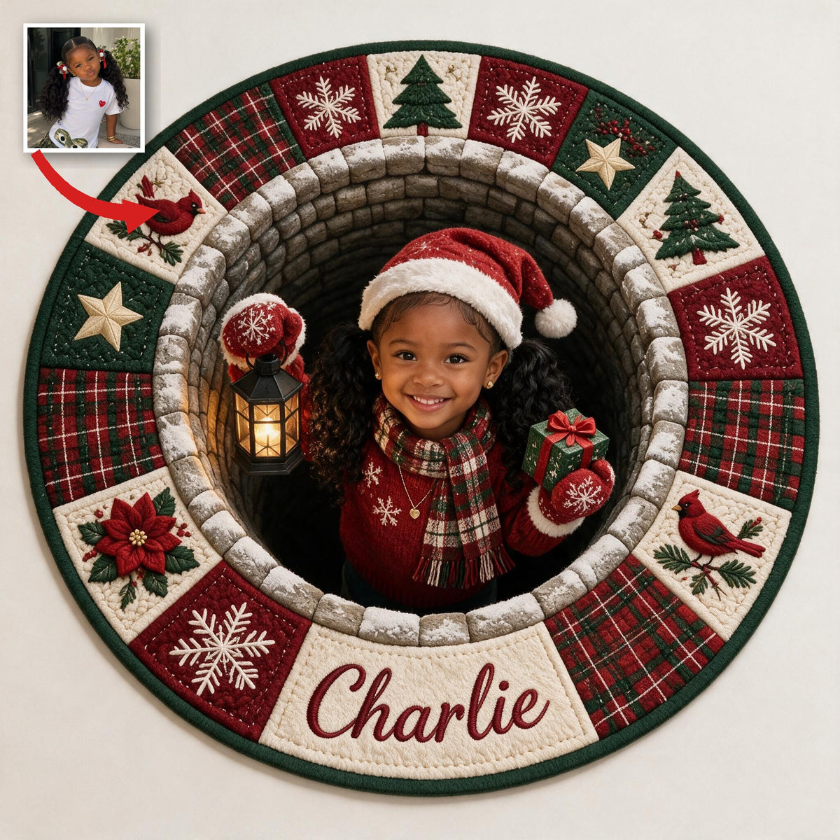 Personalized Christmas Black Little Girl Non-Slip Tufted Rug, Kids Holiday Home Decor Gift