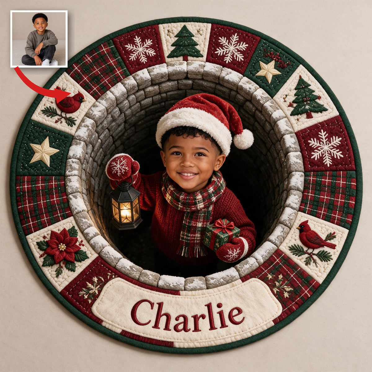 Personalized Christmas Black Little Boy Non-Slip Tufted Rug, Holiday Home Decor