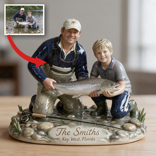 Personalisierte 3D Harzplatte Vater und Kind mit Fisch - Geschenk für Angler
