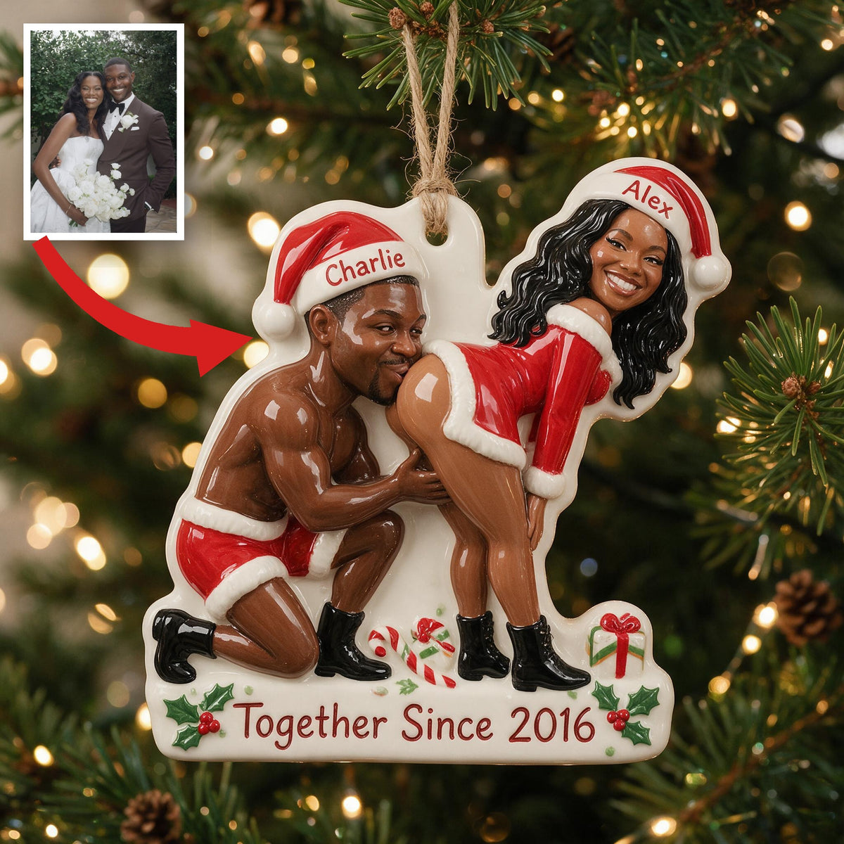Personalized Custom Photo Christmas Black Couple Funny 3D Resin Ornament