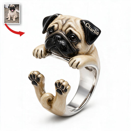 Personalisierbarer Fawn Pug Verstellbarer Ring Geschenk für Hundeliebhaber