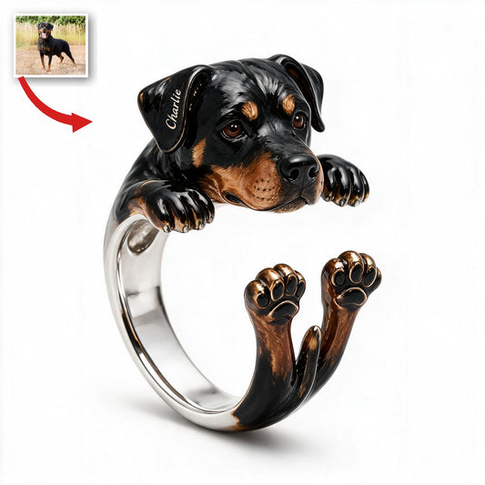 Personalisierbarer schwarzer und brauner Rottweiler verstellbarer Ring Geschenk für Hundeliebhaber