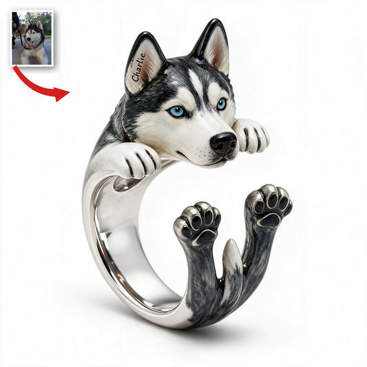 Personalisierbarer Ring für Hundeliebhaber mit blauäugigem Siberian Husky