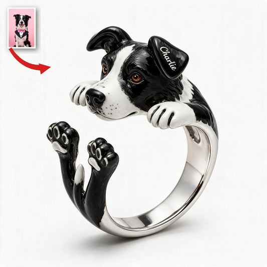 Personalisierbarer Schwarz-Weiß Border Collie Verstellbarer Ring Geschenk für Hundeliebhaber