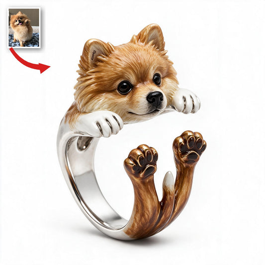 Personalisierbarer Fluffiger Goldbrauner Pomeranian Verstellbarer Ring Geschenk für Hundeliebhaber