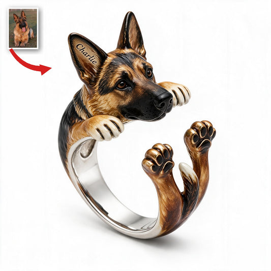 Personalisierbarer schwarzer und brauner Deutscher Schäferhund verstellbarer Ring Geschenk für Hundebesitzer