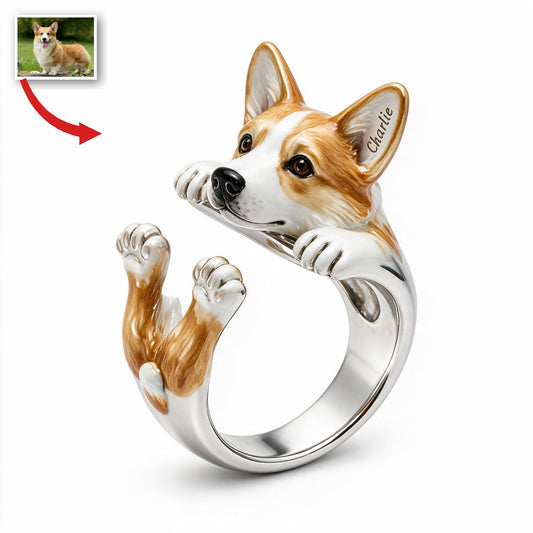 Personalisierbarer Tan und Weißer Pembroke Welsh Corgi Verstellbarer Ring Geschenk für Hundeliebhaber