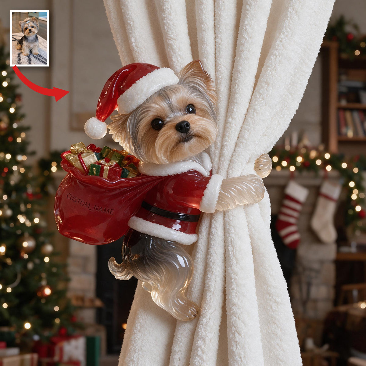 Personalized Custom Photo Christmas Yorkshire Terrier Curtain Tieback Holiday Home Decor