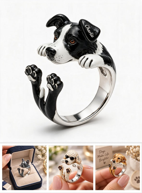 Personalized Black and White Border Collie Adjustable Shaped Ring Dog Lover Gift