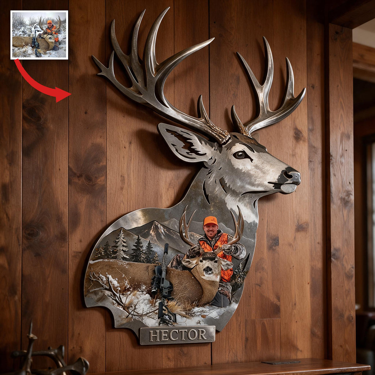 Personalized Custom Photo Middle-Aged Hunter with Deer 3D Cut Metal Sign Hunting Decor