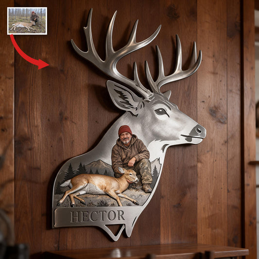 Personalisierte 3D Metalltafel mit Foto eines mittelalten Latino-Jägers mit Hirsch