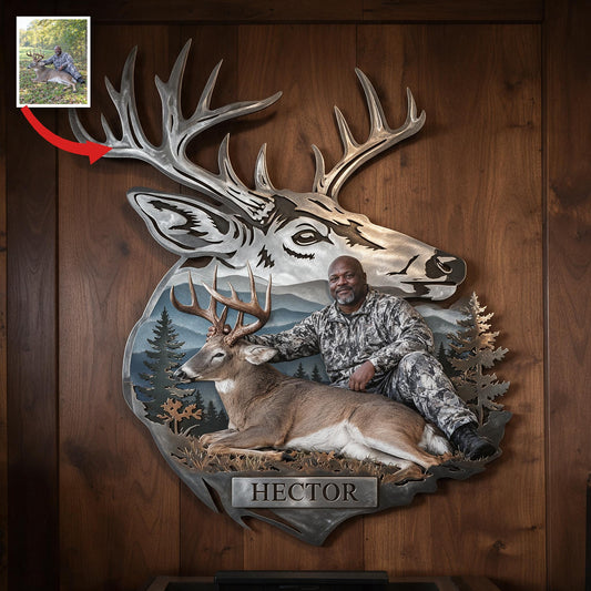 Personalisierte 3D Metalltafel mit mittlerem schwarzen Jäger und Hirsch
