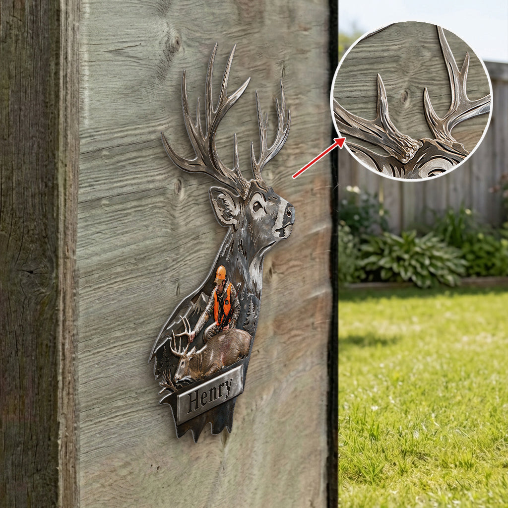 Personalized Custom Photo Middle-Aged Black Hunter with Deer 3D Cut Metal Sign Hunting Wall Decor