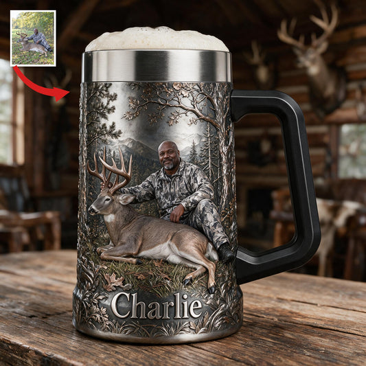 Personalized Middle-Aged Black Hunter with Deer Beer Stein Hunting Gift