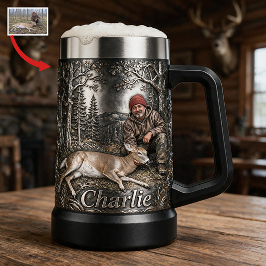 Personalized Middle-Aged Latino Hunter with Deer Beer Stein Hunting Gift