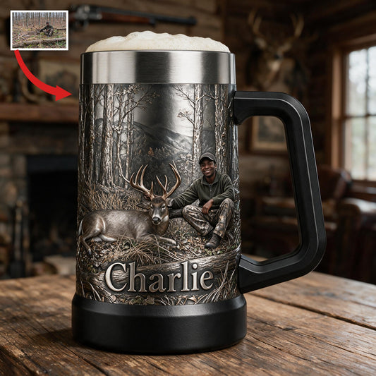 Personalized Black Hunter with Deer Beer Stein Hunting Gift