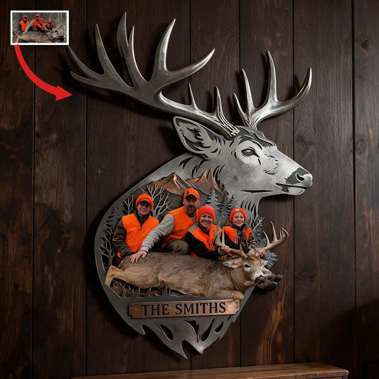Personalized Custom Photo Hunting Family with Deer 3D Cut Metal Sign Wall Decor